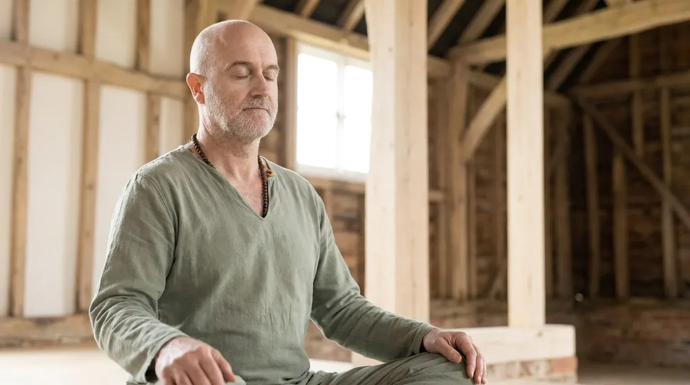 James seated in meditation, eyes gently closed, in a light-filled barn